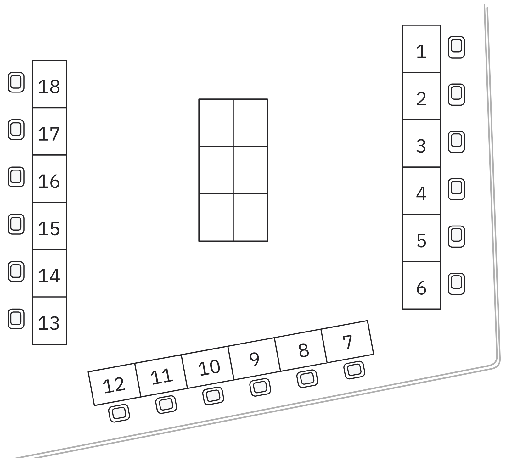 Exhibit floorplan: tables 1 to 6 along the right wall, 7 to 12 along the bottom wall, 13 to 18 along the left, and a block of six tables in the middle