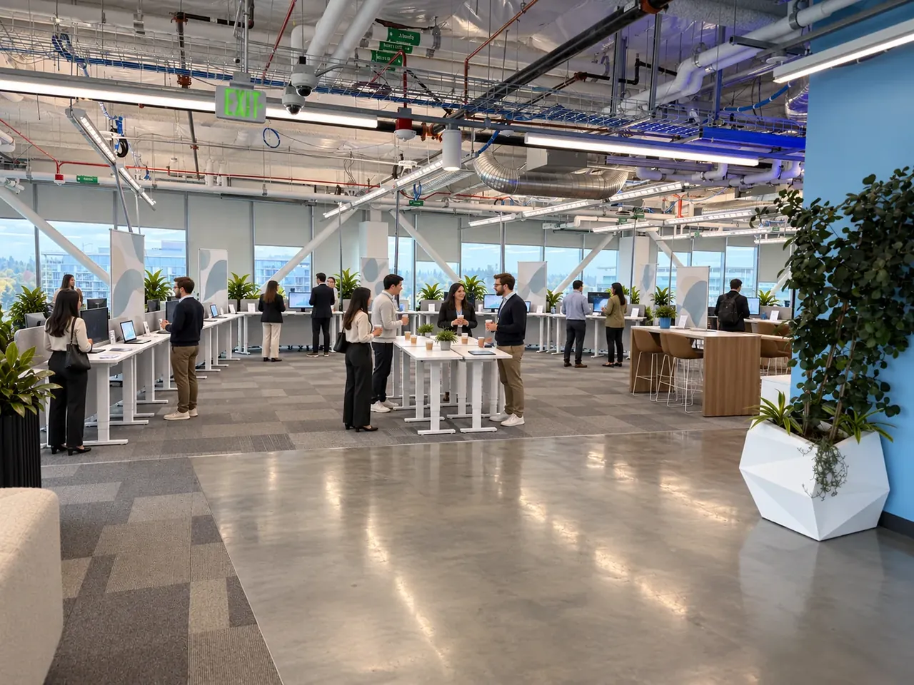 Rendering of the exhibit area: rows of white standing demo tables with monitors, pull-up banners and plants in a bright space with tall windows
