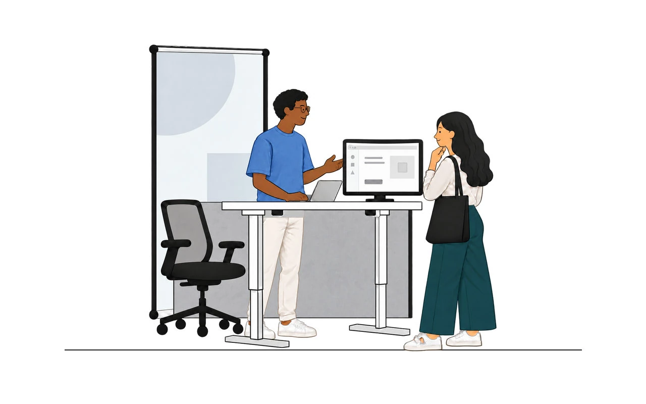 Illustration of an exhibit demo table: an exhibitor shows a demo on a monitor to a visitor, with a pull-up banner and chair