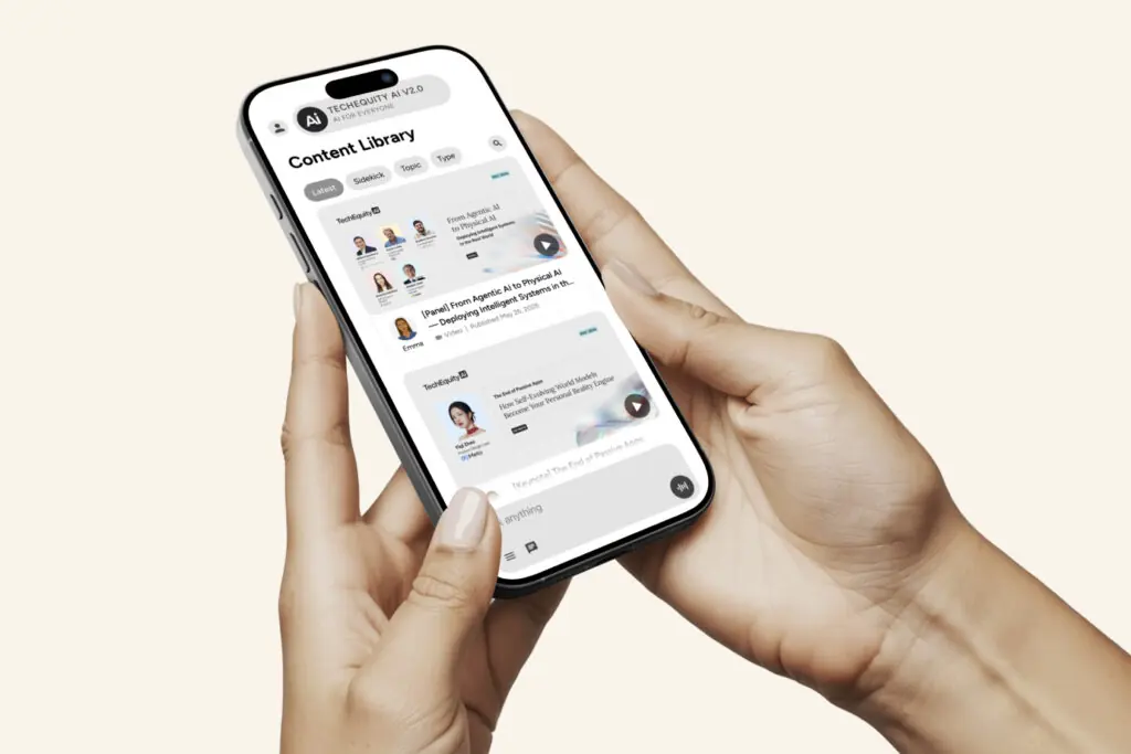 Hands holding a phone showing the TechEquity Ai channel on Sidekick